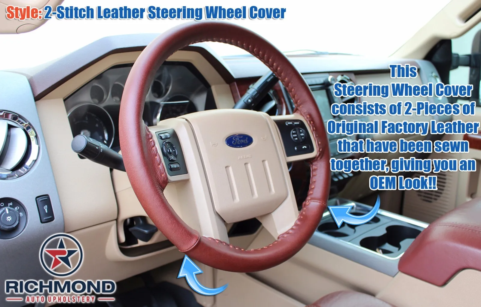 

2009 2010 F-250 F-350 King Ranch - Leather Steering Wheel Cover - 2-Stitch Style