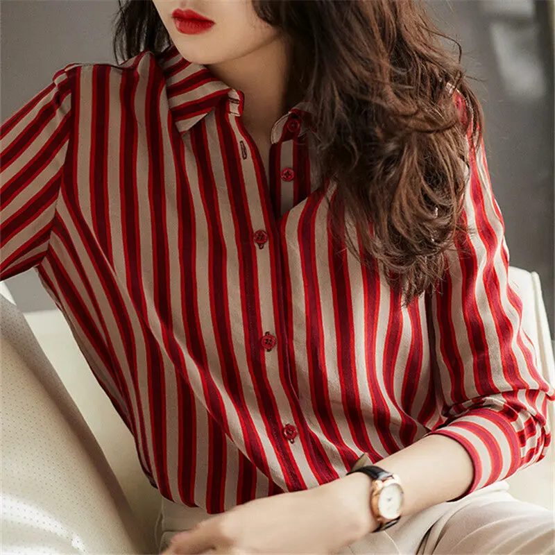 Red Stripe Shirt Women Long Sleeve Casual Office Blouse Plus Size Loose Korean Tops