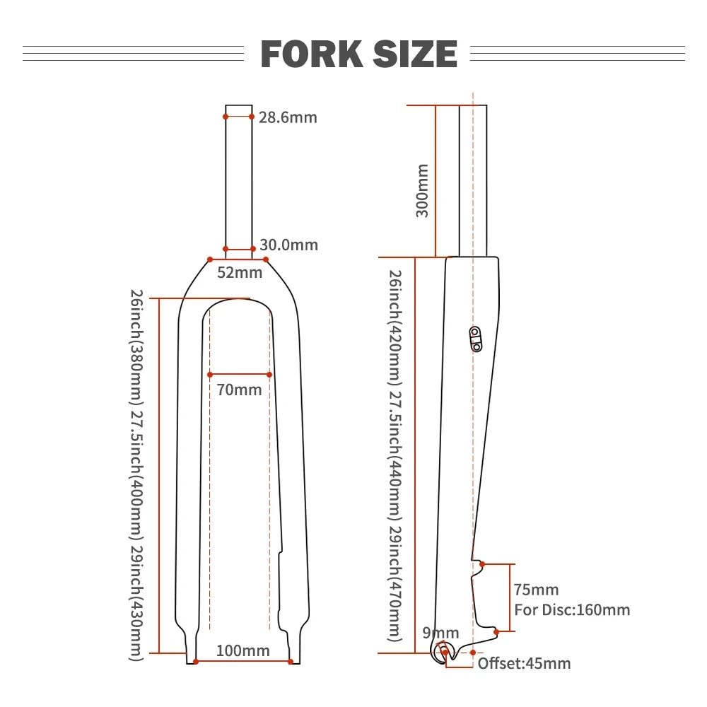 TOSEEK Bike MTB Fork Bicycle Front Fork Carbon Fiber Rigid Fork 26er 27.5er 29er Quick Release 100x9mm Lightweight 560g