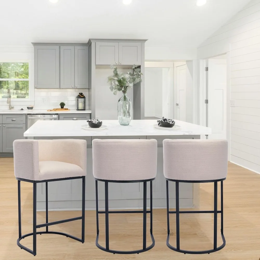 

Wahson Modern Bar Stools Set of 3, 29" Linen Upholstered Bar Height Kitchen Island Stools Bar Chairs with Black Metal Frame,