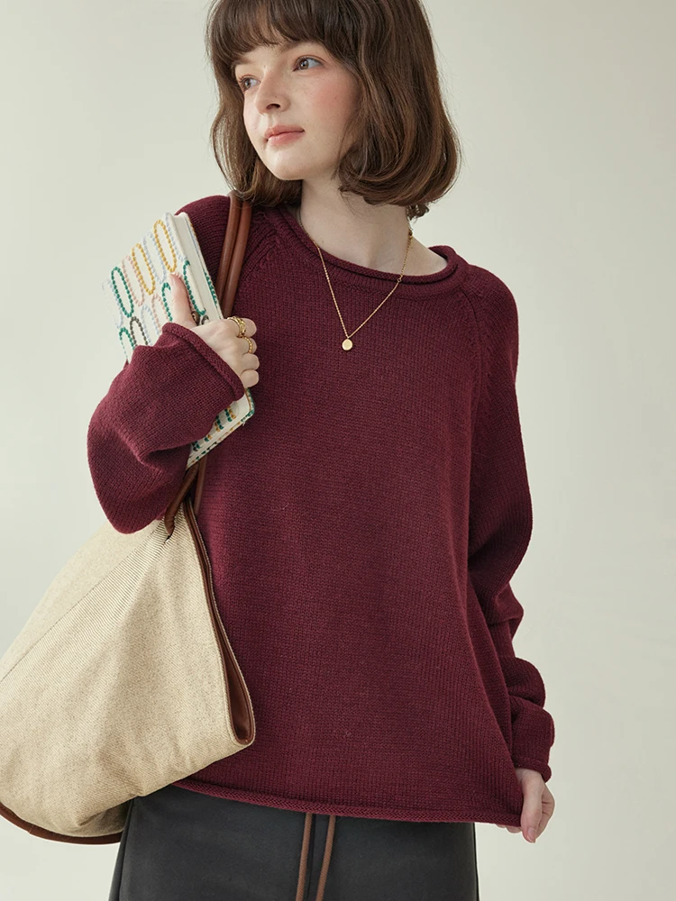 

Оригинальный винтажный шерстяной свитер North Island AMUU винно-красного цвета с манжетами, женский зимний утепленный топ с длинными рукавами и круглым вырезом