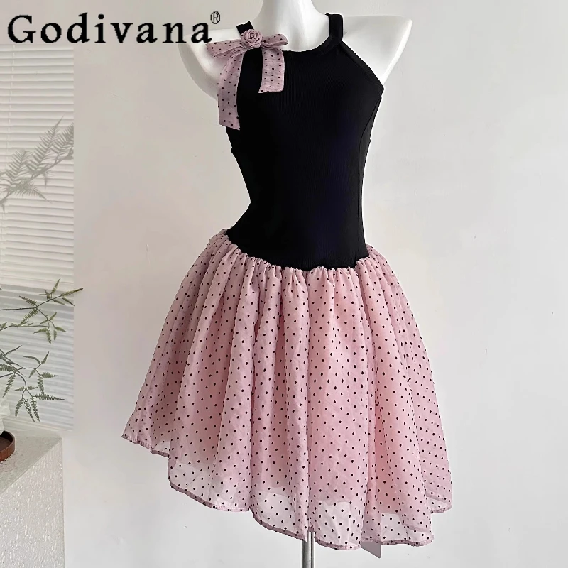 

Summer Sweet Fairy Bow Lolita Dress for Women Black Pink Color Polka Dot Strap Dress Girls Irregular Halter Neck Strap Dress