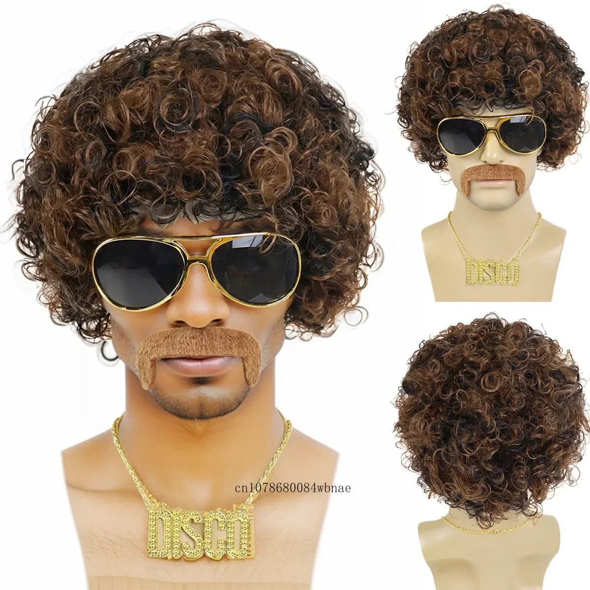 4pcs Set 70s 80s Synthetic Disco wig with Mustache Glasses Necklace Short Afro Curly Wigs for Men Rocker Cosplay Halloween Party