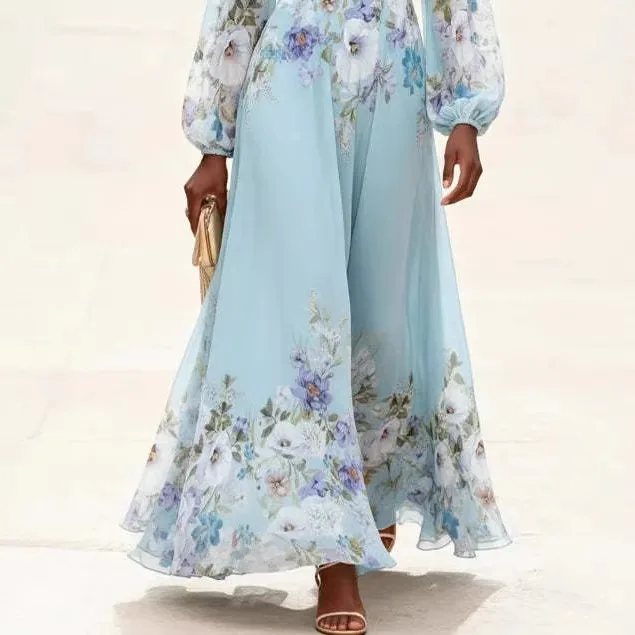 Spring Summer Women's Sheer Long Sleeve Digital Floral Print Maxi Dress Elegant Dresses Evening Outfit Blouse Top - view 4