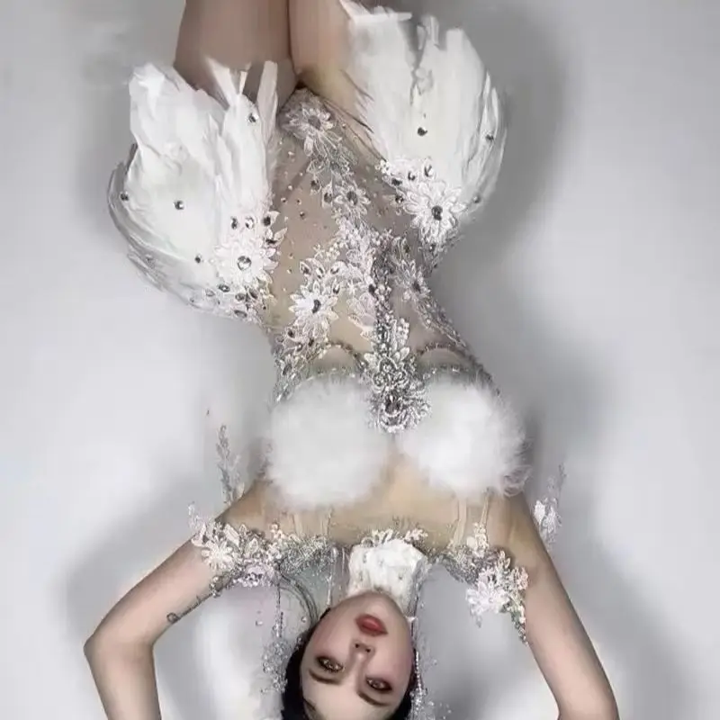 

White Feather Rhinestones Bodysuit Sexy Transparent Carnival Party Bar Dancer Singer Stage Wear Drag Queen Show Costume
