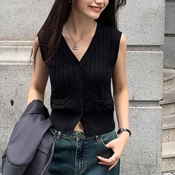 Women‘s Knitted Cardigan Vest 2024 New Spring/Autumn V-neck Camisole  Fashion Versatile Slim Fit Short Sleeveless Sweater Tops