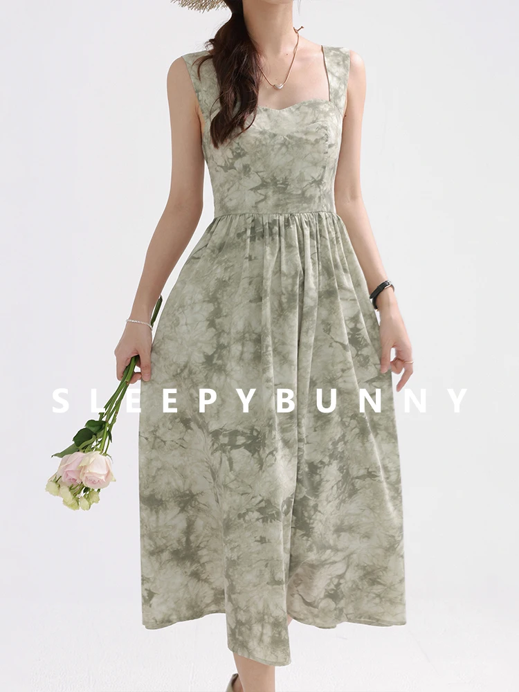 Elegant Chinese Style Printed Maxi Dress Women Sleeveless Tie-Dye Square Neck Outfit Slim Fit Waist Cami Long Dress Summer Look