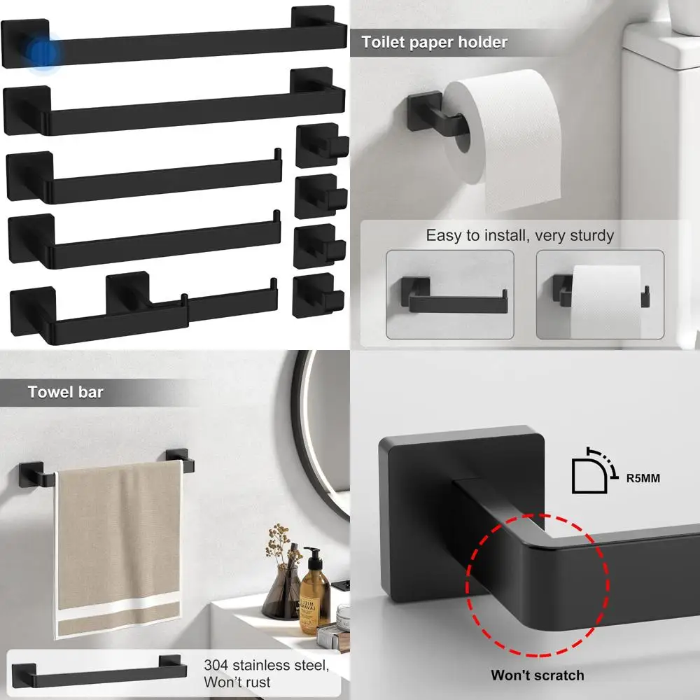 

Stainless Steel Towel Racks for Bathroom - Thickened 304 Material, 10-Piece Set, Black, Collision-Free Toilet Paper Holders