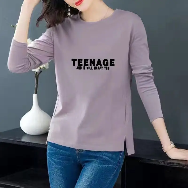 Women Korean Fashion Print Simple All Match T-shirt Spring Autumn Casual O Neck Irregular Tees Long Sleeve Loose Tops Ropa Mujer