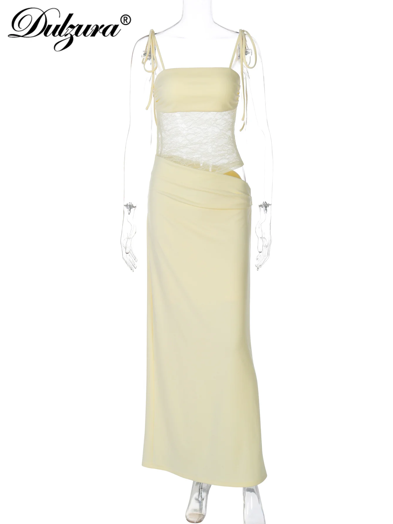 Dulzura Senza maniche Backless Cut Out Lace Up See Though Lace Patchwork Cami Maxi Dress Solid Sexy Abito elegante Party Club Outfit