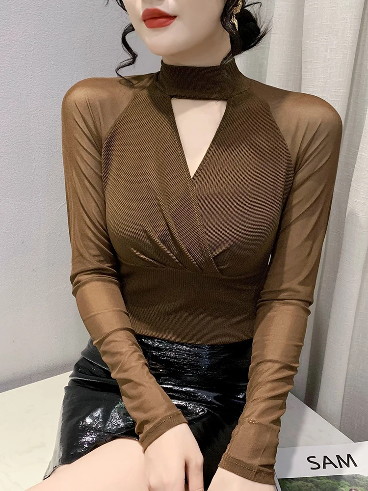 M-3XL New Slim Mesh Spliced Long Sleeve T-shirt Lady Hollow Out Half Turtleneck Folds Tee Women Elegant Autumn Tops