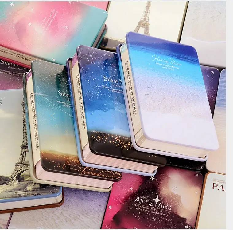 1pc A6 Star rainbow Diary Notebook Color Paper Metal Cover Silent Night Notepad Book Journey Diary Note Book Random Color