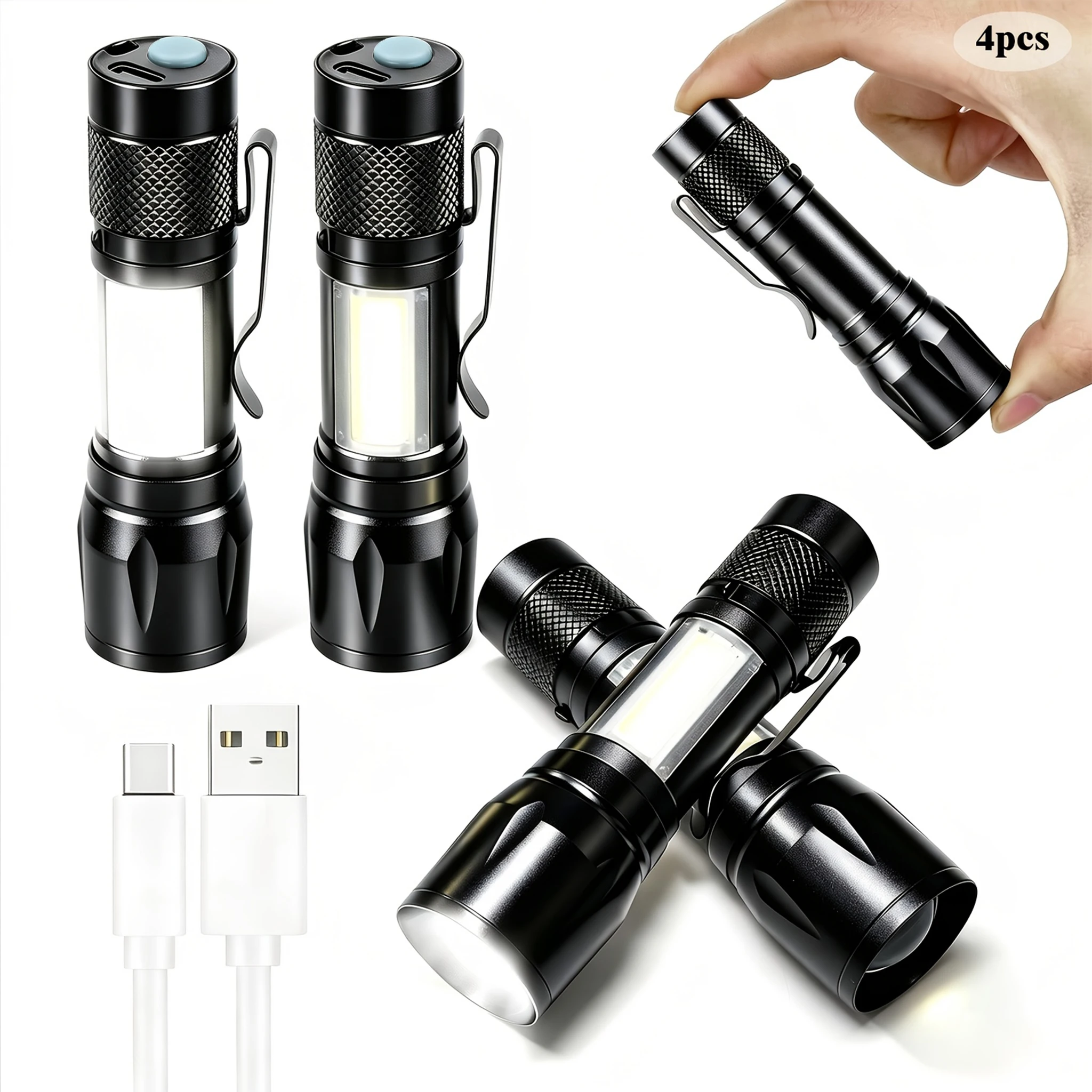 Mini LED Flashlight COB+XPE Portable Torch USB Charging Camping Lantern Zoomable Focus Light Tactical Flashlight with Pen Clip