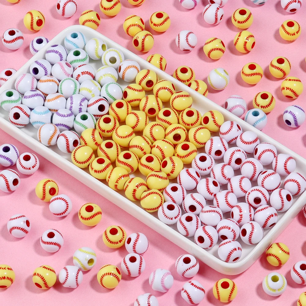 

50pcs Acrylic Beads Sport Baseball Large Hole Round Loose Spacer Ball Beads For Jewelry Making DIY Bracelet Necklace Accessories