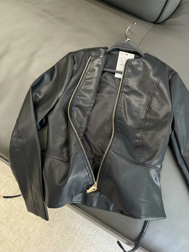 ETJ 2025 ربيع جديد المرأة خمر جولة الرقبة مع الخصر تنورة الخصر تنورة مع تنحنح سترة جلدية تقليد