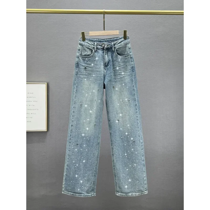 

Rhinestone XINGX Pendant Design High Waist Wash Jeans Women's Summer Loose Slimming and All-Matching Straight-Leg Pants