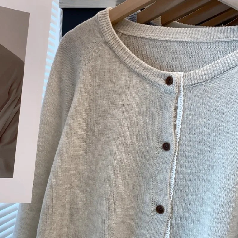 2025 couleur unie tricots hauts automne hiver à manches longues femmes Cardigans amples dentelle col rond tricoté pull femmes vêtements