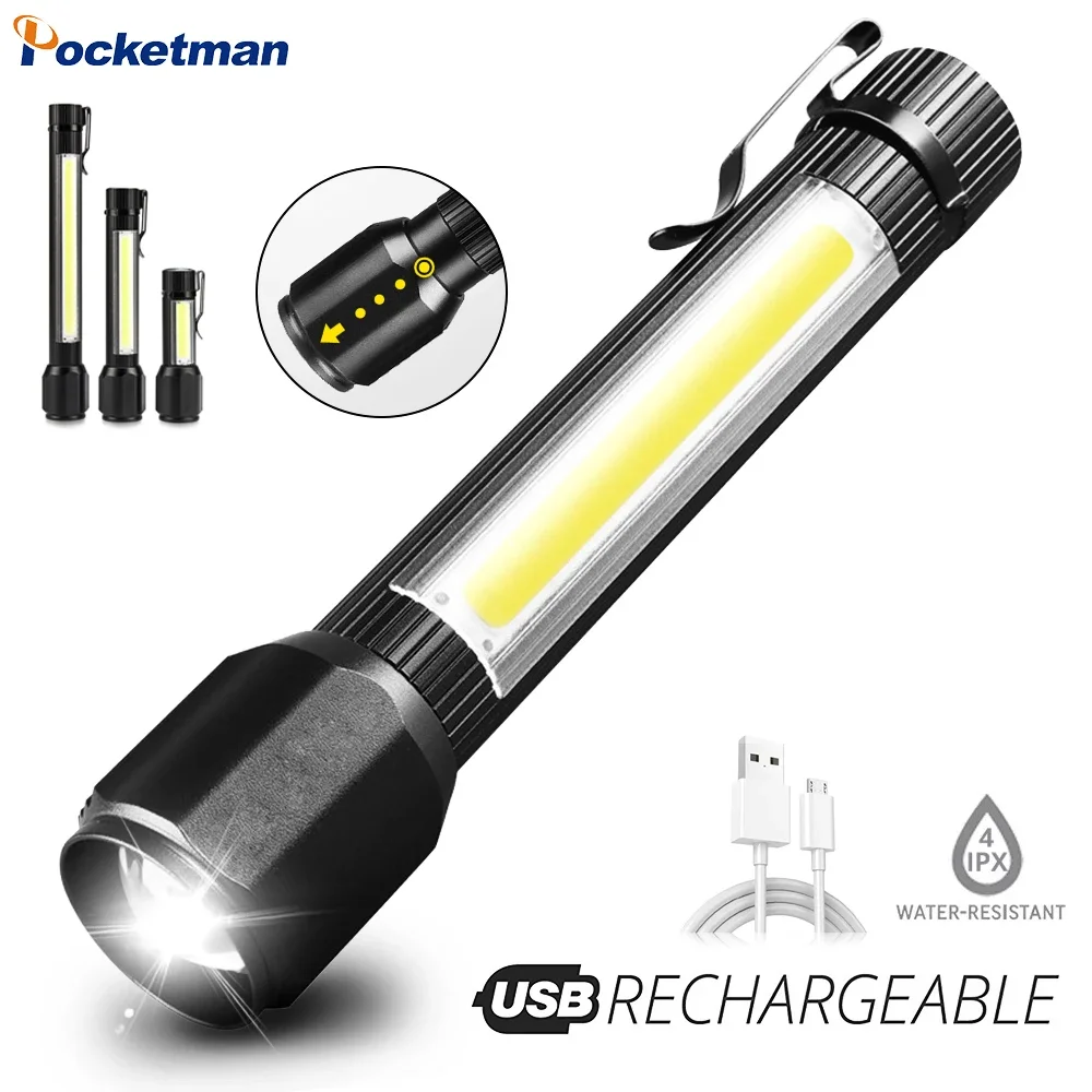 

Pocketman LED+COB Telescopic Zoom 3 Modes Led Flashlight Outdoor Self-Defense Work Light Small Flashlight Torch Lantern