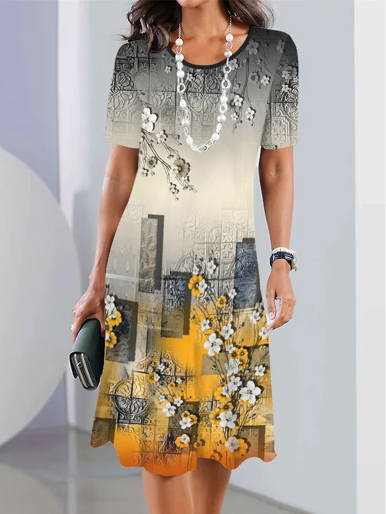 Nowa Sukienka w Kwiaty z Krótkim Rękawem w Stylu Boho na Wakacje Letnie Sukienki w Linii A Odzież Damska Plus Size z Kwiatowym Nadrukiem