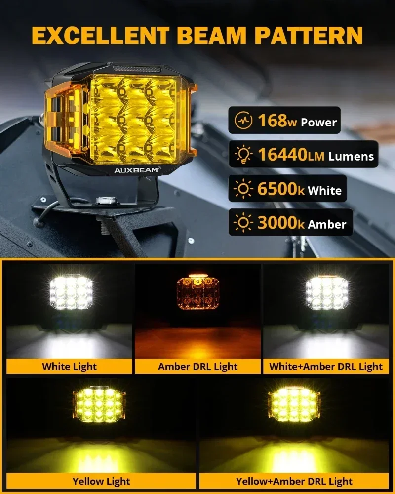 AUXBEAM 5 inch 168W LED Work Light with Amber / Black Shell DRL Driving Lamp Spot Light+2-SIDE SHOOTER Light LED Light Pod