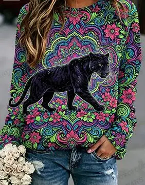 Women Long Sleeve Sweatshirt Bohemian Mandala Wolf Print Crew Neck Casual Loose Pullover Ladies Autumn Daily Wear Tops