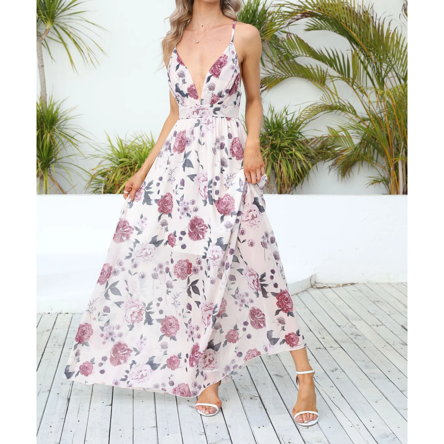 Factory Price Chiffon Long Style A-Line Slip Ladies Dress Printed Floral Backless V-Neck Skirts 2023 Summer Women Pink Beachwear