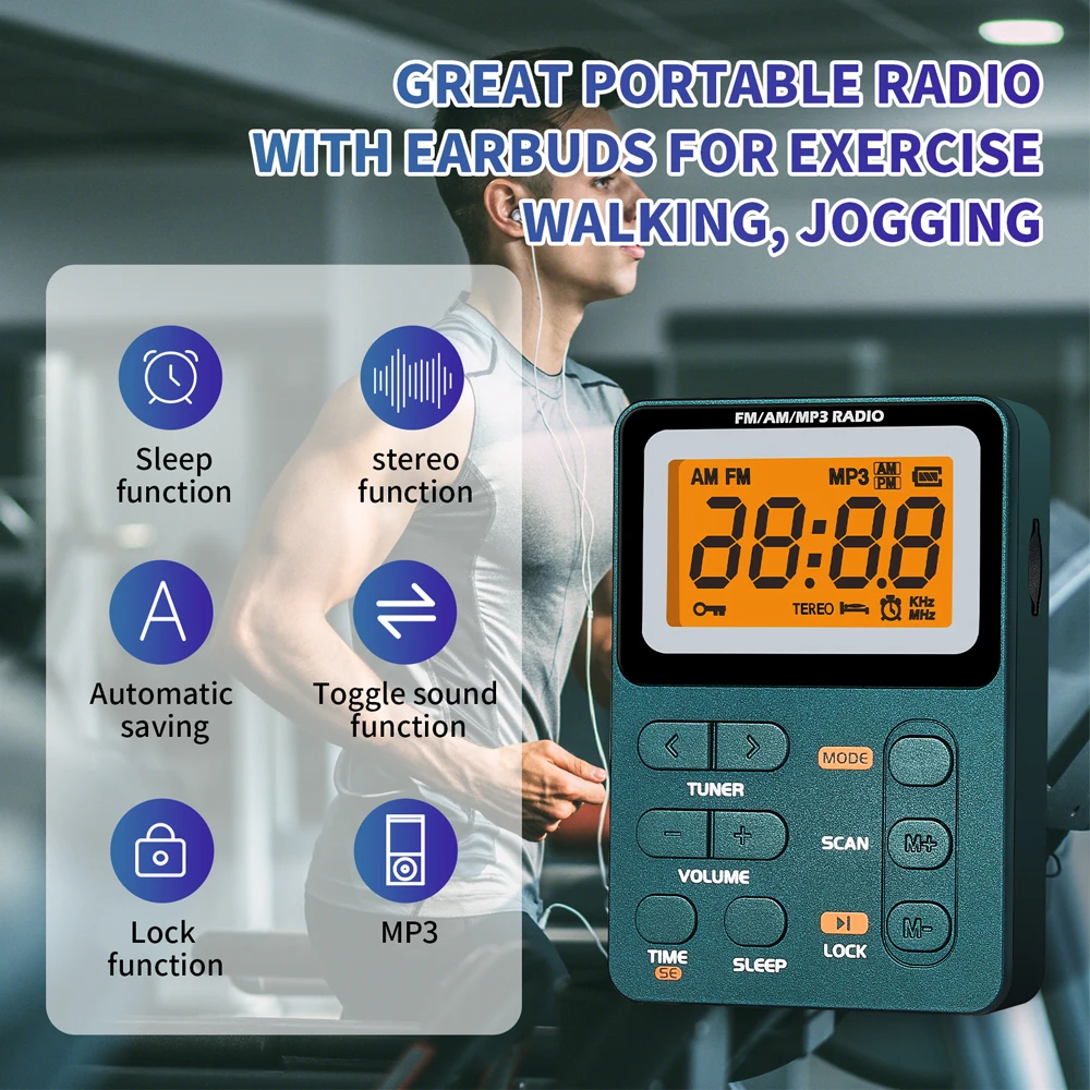 Radio de bolsillo multifuncional AM FM pantalla LED de 2,1 pulgadas Radio portátil de 2 bandas carga Micro USB conector de 3,5mm para deportes al aire libre