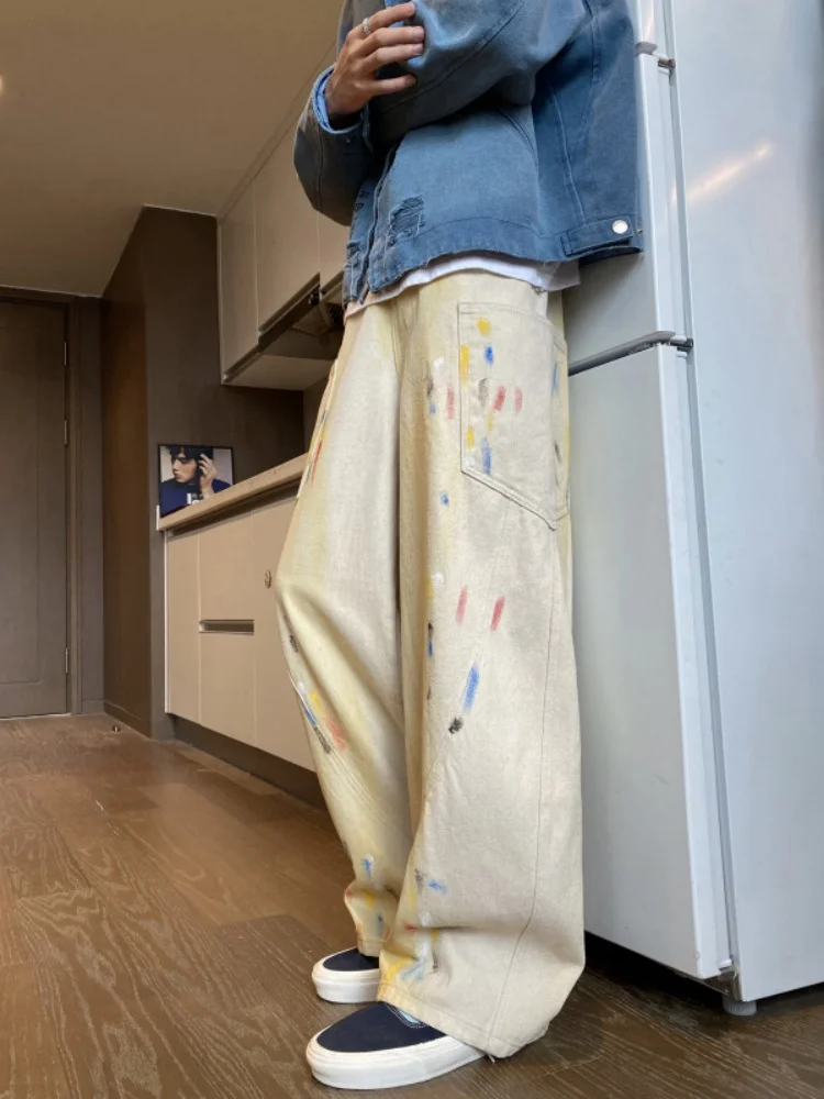 

Men's Wide Leg Jeans Graffiti Style High Street Vibe Spring Autumn Straight Cut Long Trousers Durable Wear Resistant