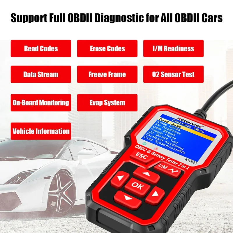 KONNWEI KW681 6V 12V Car Motorcycle Battery Tester Life Analysis Auto Diagnostic Tools 2000CCA Car Diagnostics Full OBD2 Scanner