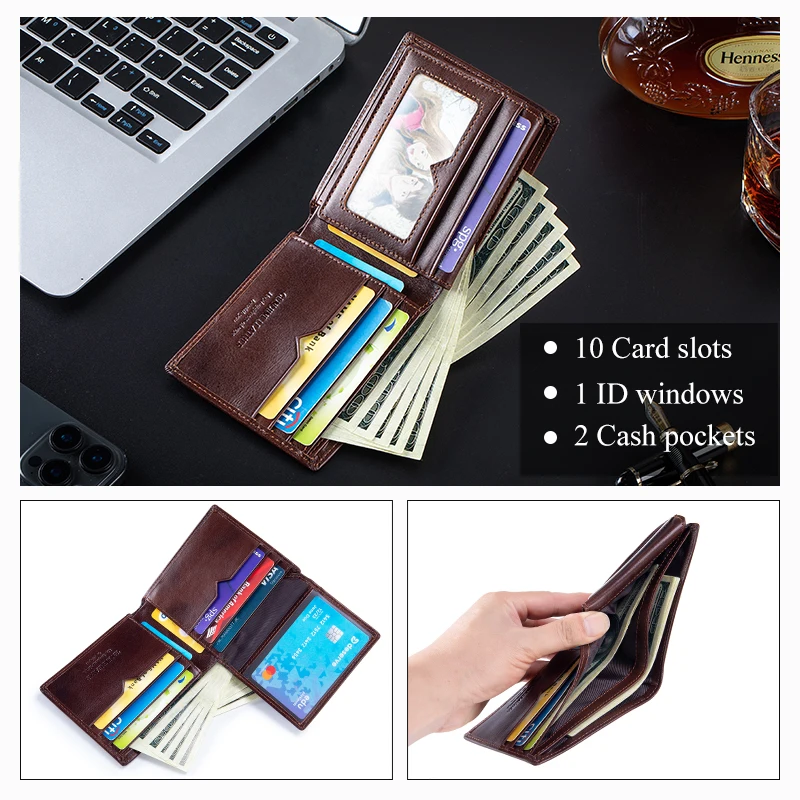 محفظة جلدية أصلية للرجال 9 بطاقات محفظة رجالي Bifold Rfid Blocking مع محفظة حامل بطاقة Windows ID