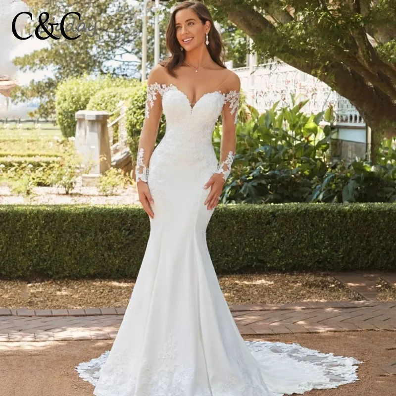 Vestido De Novia elegante De sirena con escote Corazón, manga larga, espalda abierta, apliques De encaje, tren De barrido, blanco, 2024