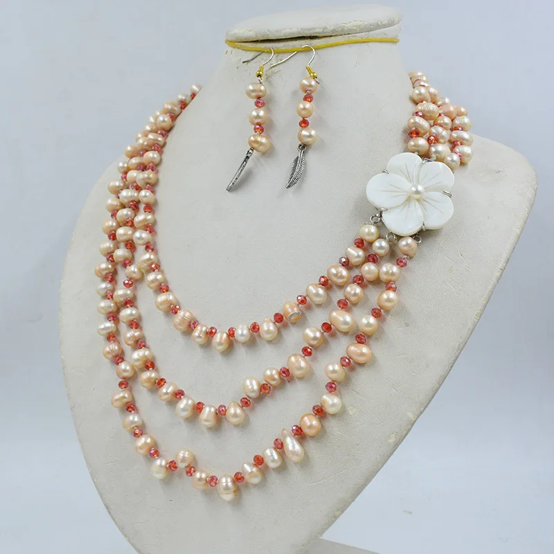 3 Rows of 6mm Natural Baroque Pearl/Crystal Necklace Earring Set  18-24”