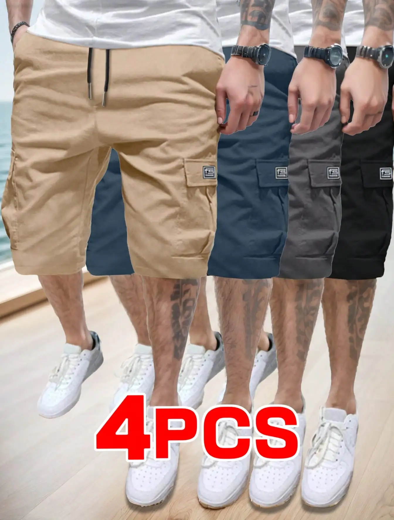 

Набор из 4 мужских повседневных шорт-карго - свободный крой с карманами, для лета