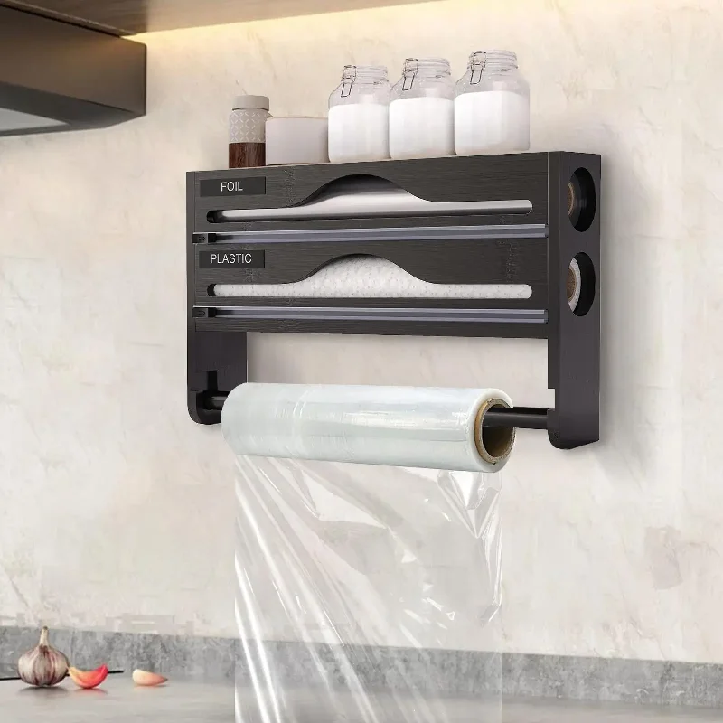 Distributeur de film alimentaire en bois avec coupe-film, étagère murale de rangement pour cuisine, pour serviettes en papier et autres articles