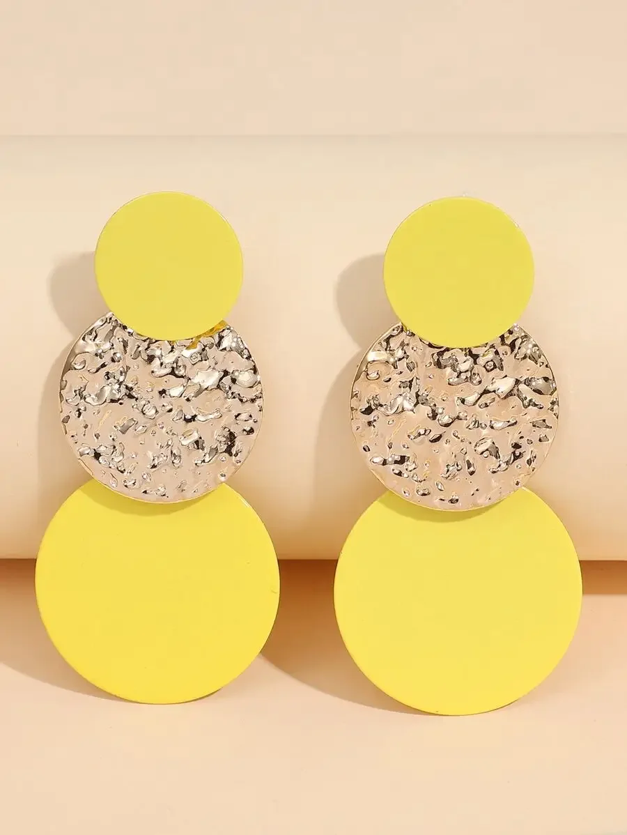 

Yellow Round Drop Earrings With Textured Discs For Women