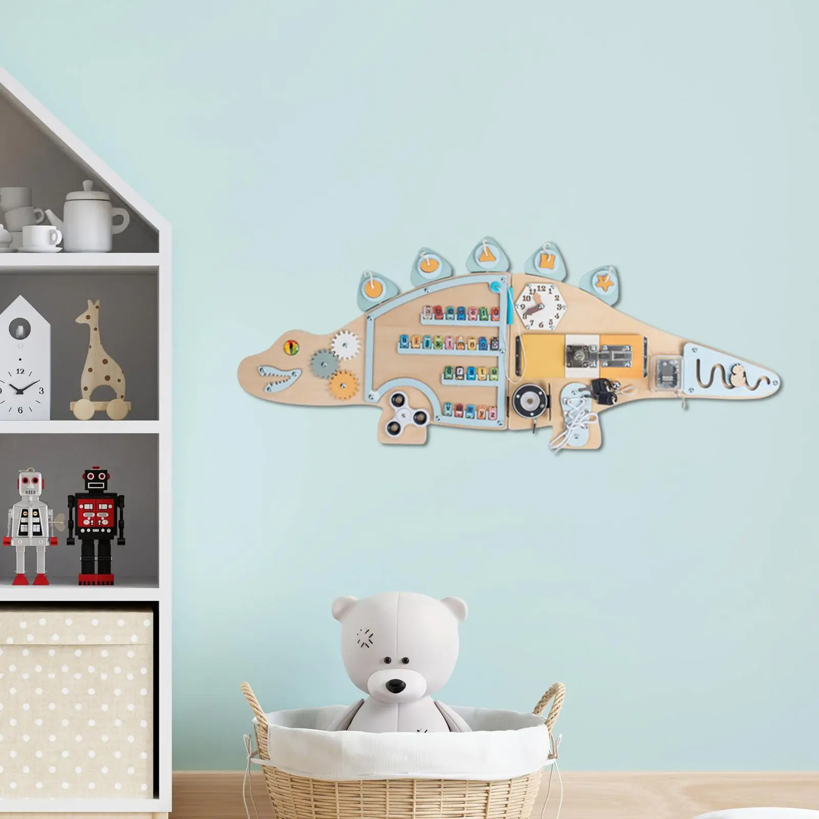 Giocattolo sensoriale di attività di dinosauro con tavola occupata in legno con equipaggiamento interattivo e forma per la coordinazione occhio-mano del bambino