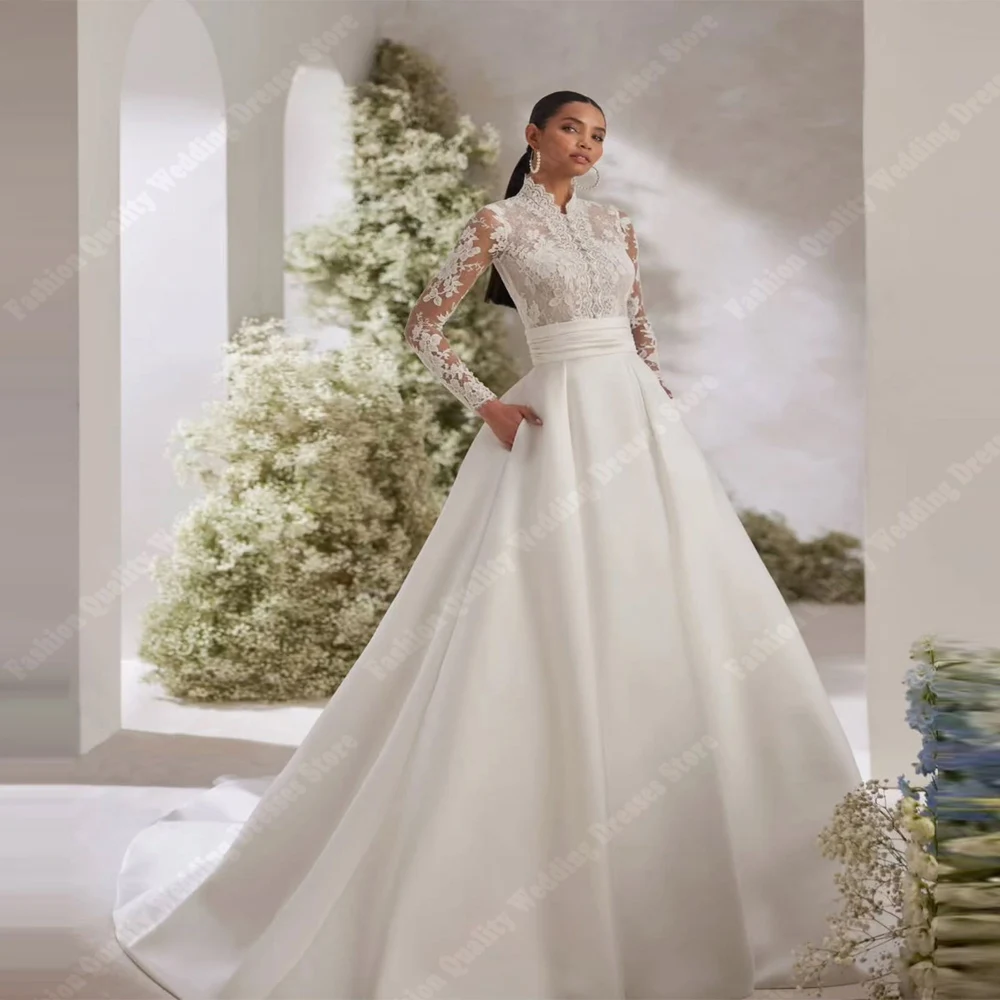 High Collar Wedding Dresses For Women Lace Flower Printing A-Line Long Sleeves Robes Ball Princess Vestidos De Novias Customized