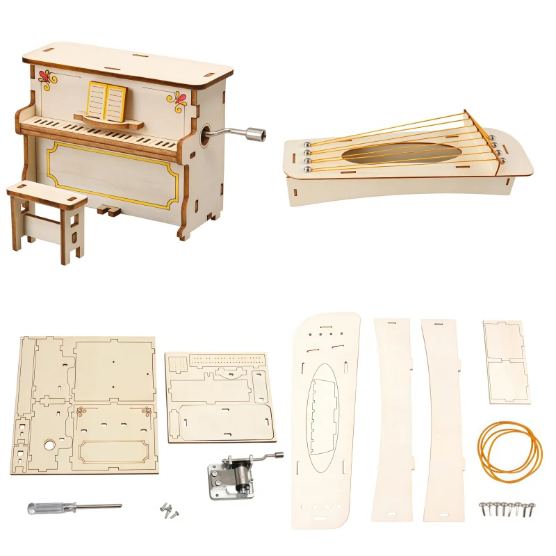 Creative Hand Cranked Piano Music Box Wooden 3D Puzzle Kits Building Blocks Toys Set DIY Eight Stringed Qin Assemble Models Toy