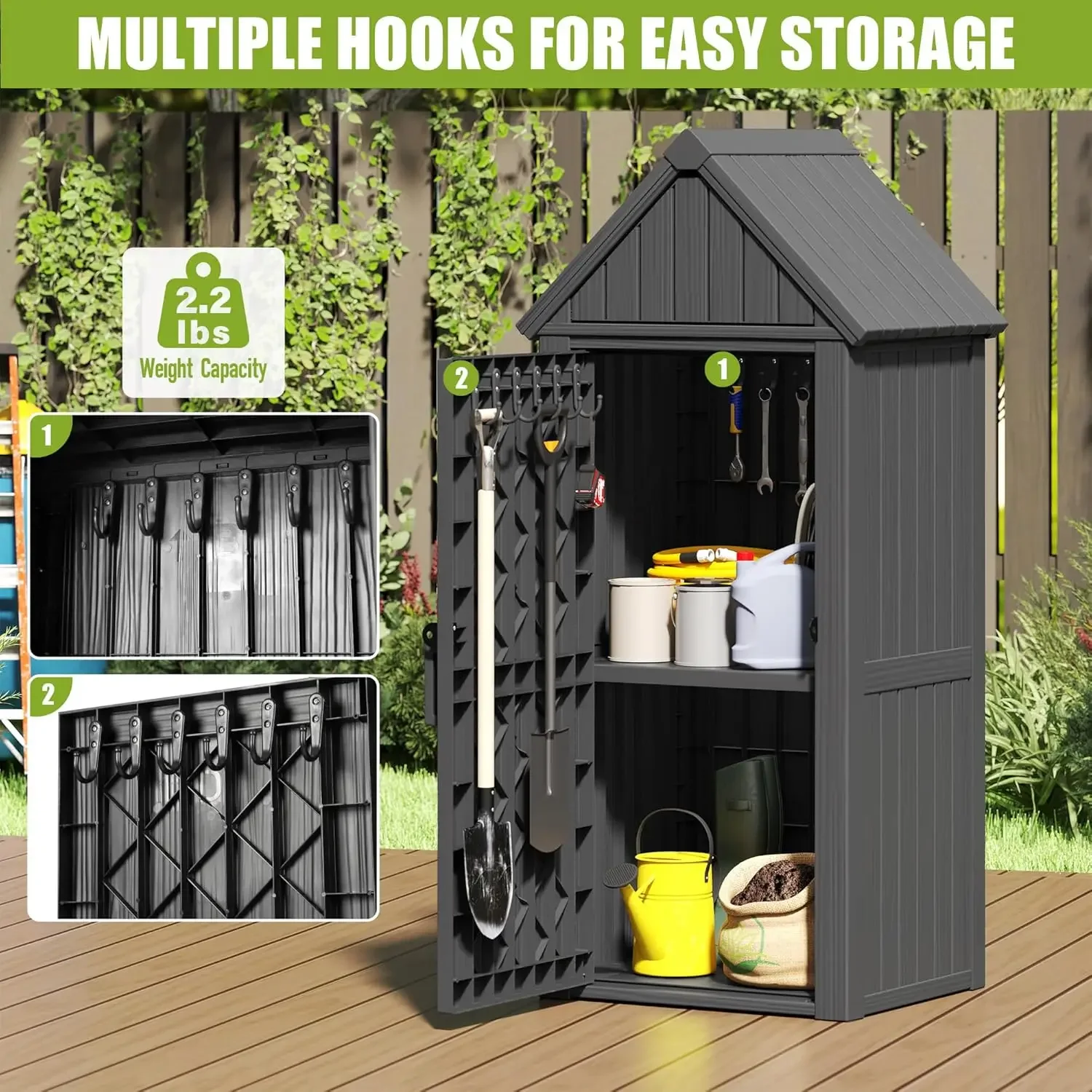 Outdoor Resin Storage Shed, Upgrade Sturdy Storage Cabinet with Removable Shelves and Lock Ring, Reinforced Floor, All-Weather C