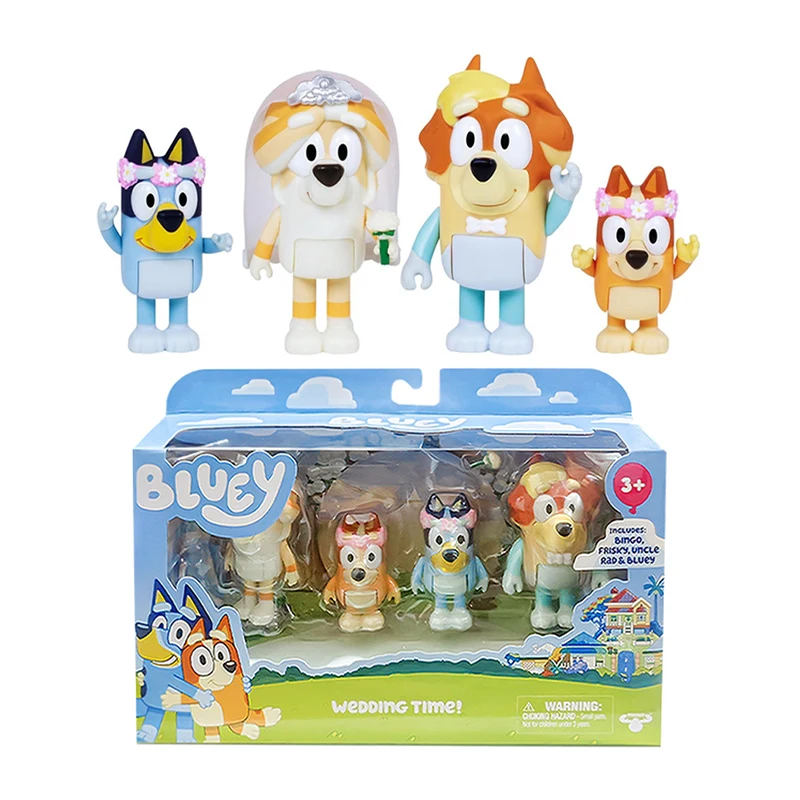 Zestaw 4 figurek Bluey (Edycja Ślubna) Figurki Rodziny Bluey Bingo Chilli Bandit Figurki Akcji z Kreskówek Anime Zabawki Prezenty