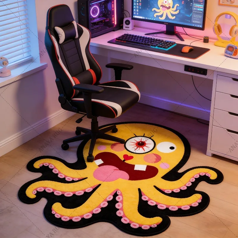 VIKAMA Yellow Octopus Rug: Comfortable, Soft, and Warm; Non-Slip Entryway Doormat; Gaming Room Rug; Home Furnishings