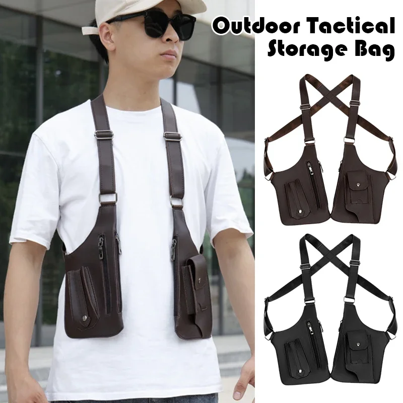 Double Shoulder Strap Multi-Pocket Men Outdoor Anti-Theft Chest Bag Leather Multifunction Crossbody Tactical Storage Hunting Bag