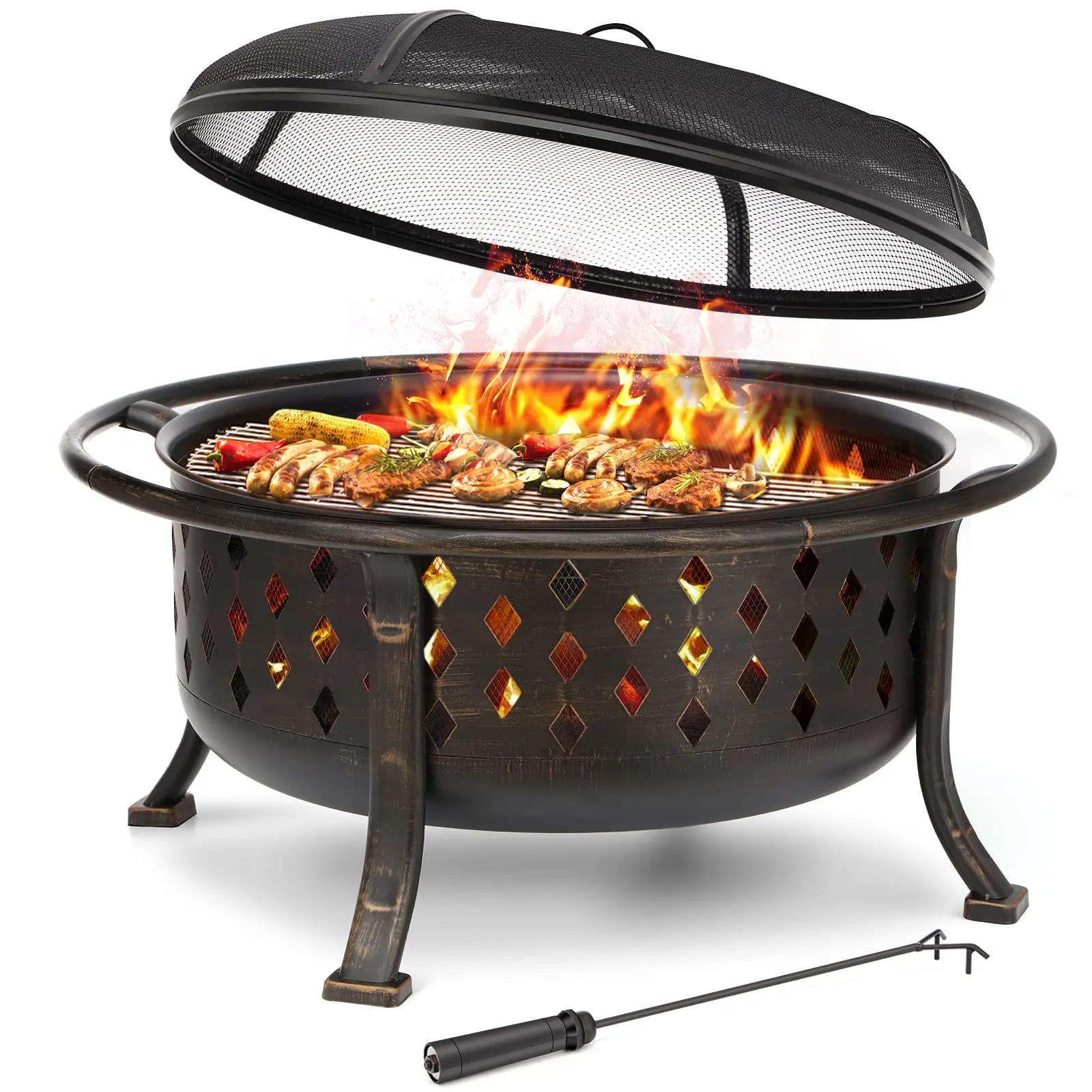 

22/26/30/32/36 Inch Fire Bowl With Mesh Cover Fire Poker Multi Functional Firewood Heating Stove Foldable Portable BBQ Grill