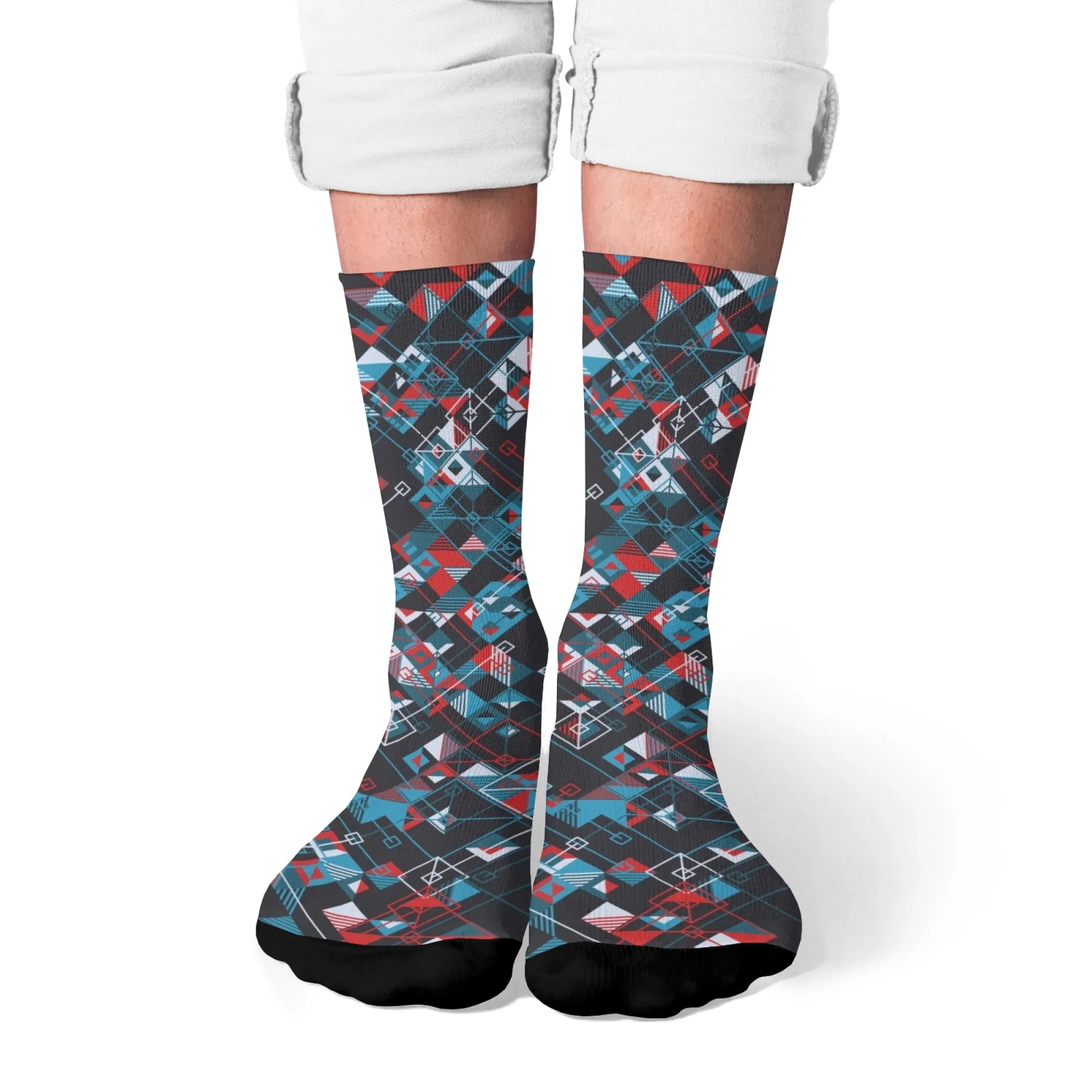Fragmented Geometric Socks Non-slip Elastic Breathable Men's Socks Travel Leisure Hiking Street Style Trendy Compression Socks