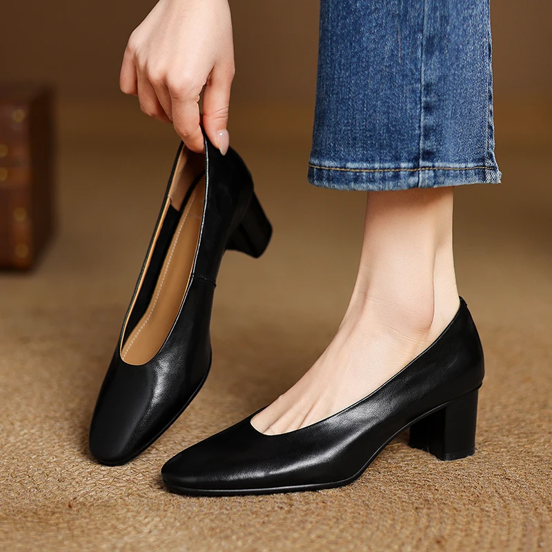 2025 New Fashion Retro Women Pumps Shoes Chunky High Heels Spring Elegant Summer Round Toe Casual Shoes Woman Black Size 34-40