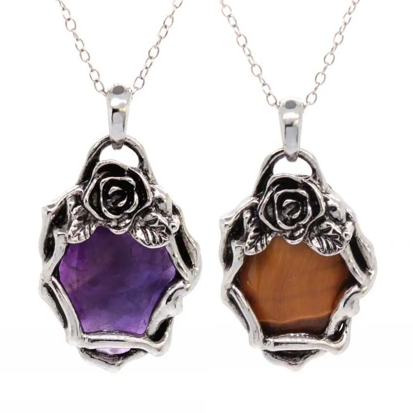 Charms Natural Healing Crystal Stone Pendant Necklace For Women Amethyst Quartz Rose Flower Choice Gothic Men Jewelry Gifts