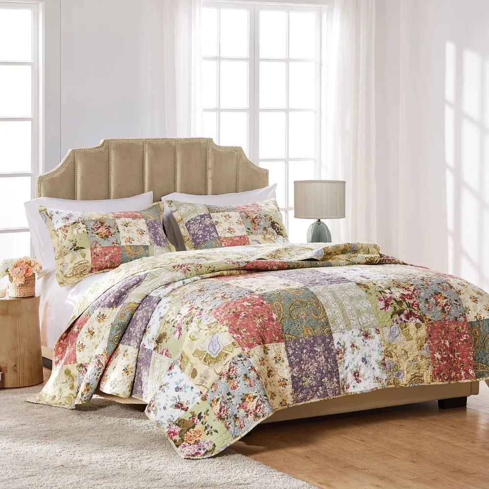 Blooming Prairie 100% Cotton Quilt and Pillow Sham Set Bedspreads for Double Bed Cover 3 Piece King/Cal King Bedspread the Plaid