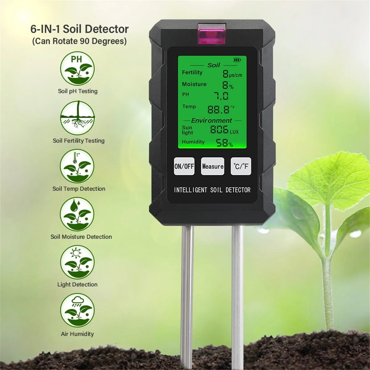 ABKO-6 in 1 Multifunctional Soil Tester Soil Fertility PH Temperature Humidity Sunlight Air Moisture Detector for Gardening
