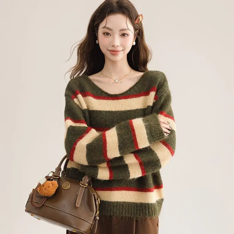 

Гонконгский стиль, ретро, зеленые полоски, контрастный цвет, свитер с v-образным вырезом и длинными рукавами, базовая рубашка для женщин, свободный вязаный свитер