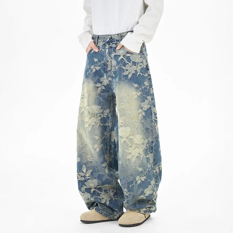 New Style Spring 2026 Floral Jacquard Jeans Loose Wide-Leg Pants Korean Street Style Trendy Patterned Vintage Curved Pants